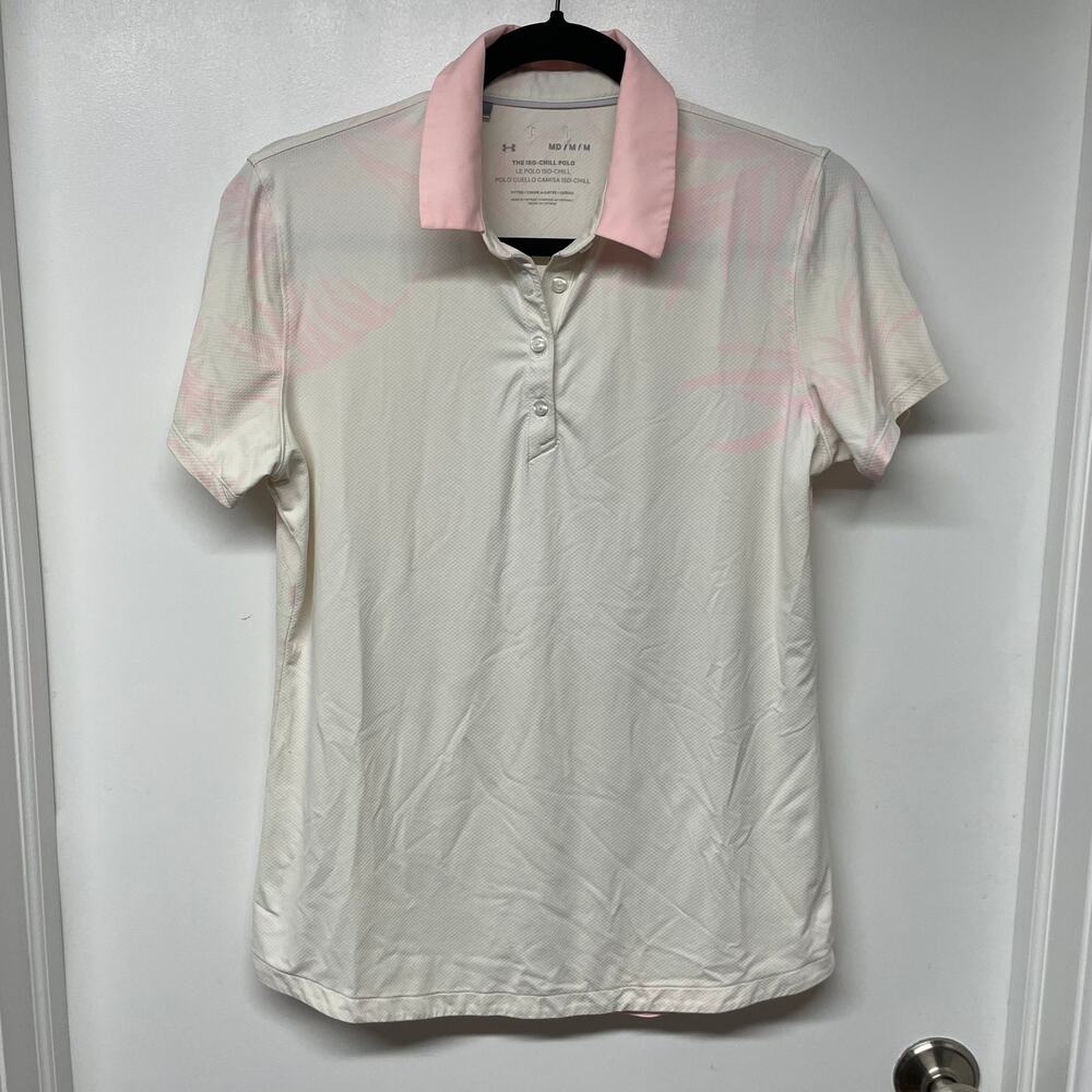 Under Armour Women Iso Chill Polo White Pink Palm Frond Dry Fit Fitted Medium